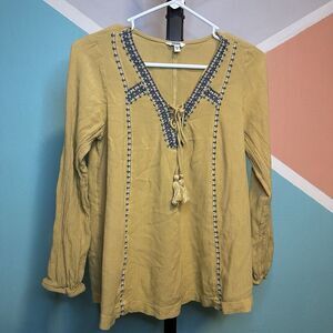 Sonoma Womens‎ Small Yellow Top Bohemian Rayon embroidered design